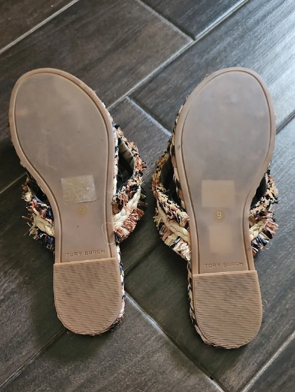 Tory Burch Black Footbed Pom-Pom Braided Trim Slide Sandals
